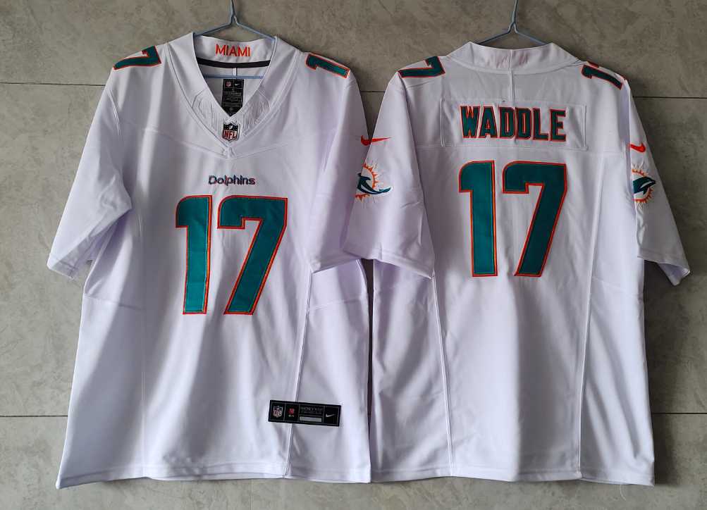 Mens Miami Dolphins #17 Jaylen Waddle White 2023 FUSE Vapor Limited Throwback Stitched Jersey